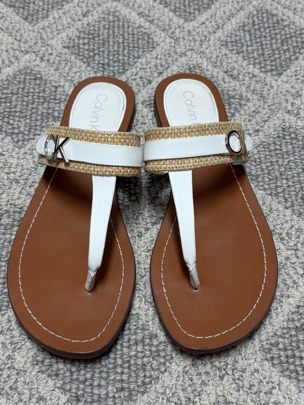 Calvin Klein white Summer sandals with gold CK emblem—Size 8
